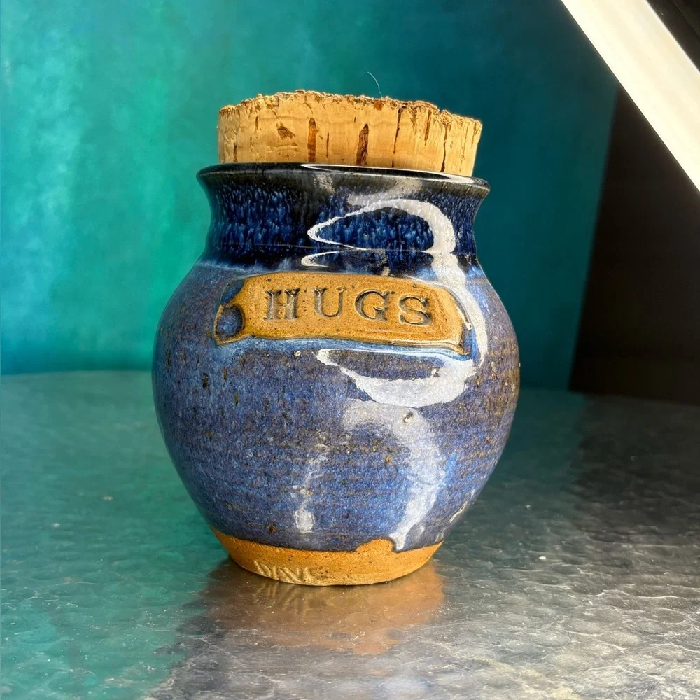 Handmade Blue Ceramic HUGS Jar with Cork Lid